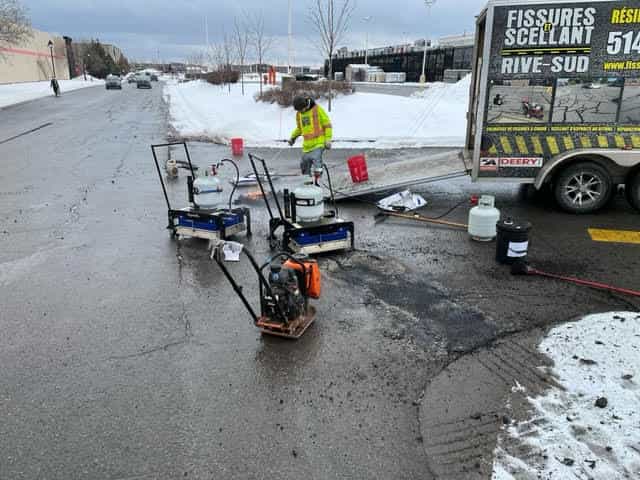 A contrator performing a winter pothole repair using two RY2X2 Infrared Asphalt Heaters